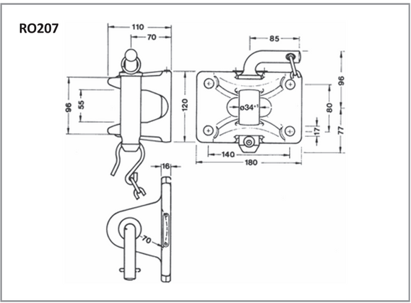 Dragkoppling Rockinger fläns 140x80mm, 34mm sprint