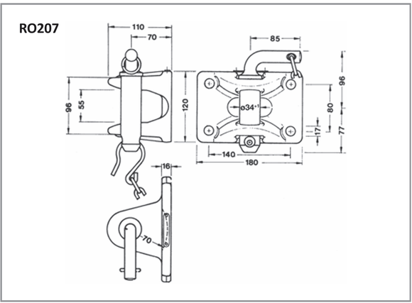 Dragkoppling Rockinger fläns 140x80mm, 34mm sprint  av  Kespa AB Manuella drag 7344