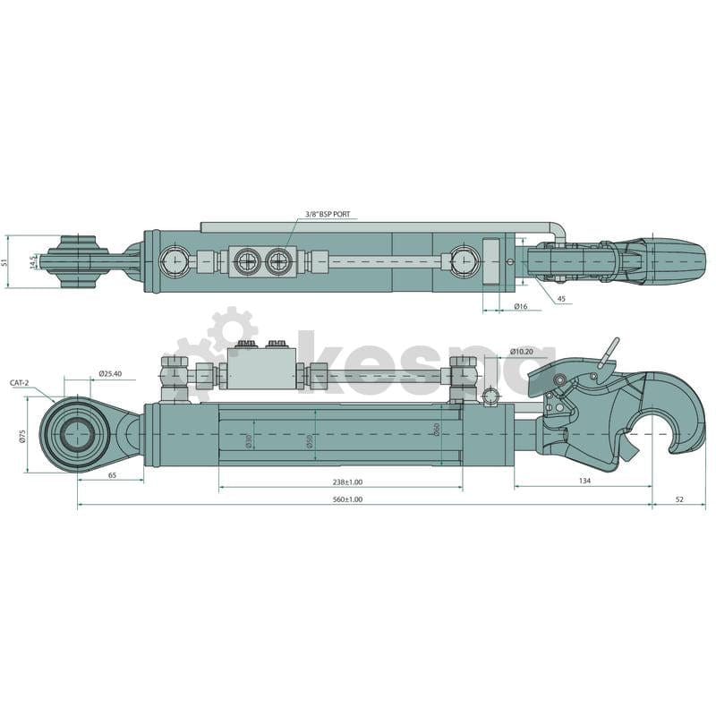Hydraulisk toppstång med fångsthake kat 2, 560-798mm  av  Kespa AB Hydrauliska toppstänger 7373